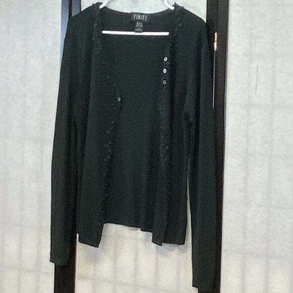 Finity Black Rib Knit Open Cardigan Sweater Long Sleeve V-Neck Button Accent L - Picture 4 of 12